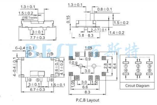 微型撥動開關MSS-22C06參考圖紙 微型撥動開關MSS-22C06參考圖紙
